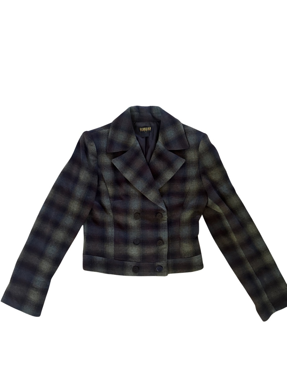 Cropped Double-Breasted Plaid Blazer in Black and Green